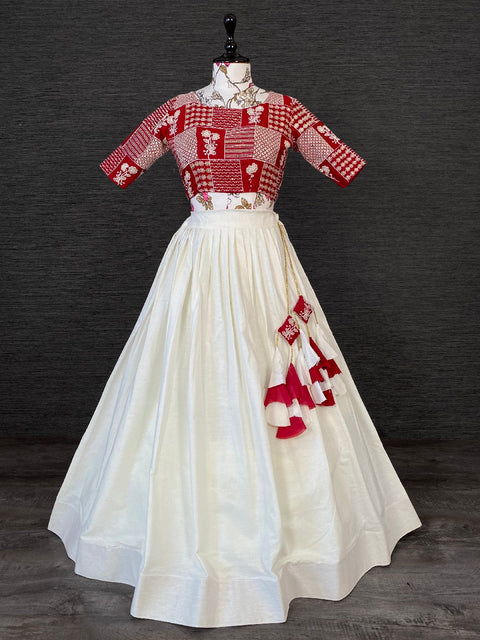White Color Pure Cotton Two Piece Lehenga With Lucknowi Work Choli Clothsvilla Main image