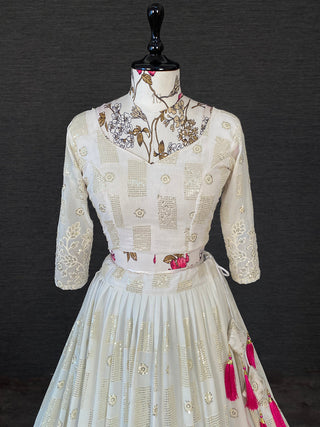 White Color Sequins And Thread Embroidery Work Georgette Lehenga Choli With Muslin Silk Dupatta Clothsvilla