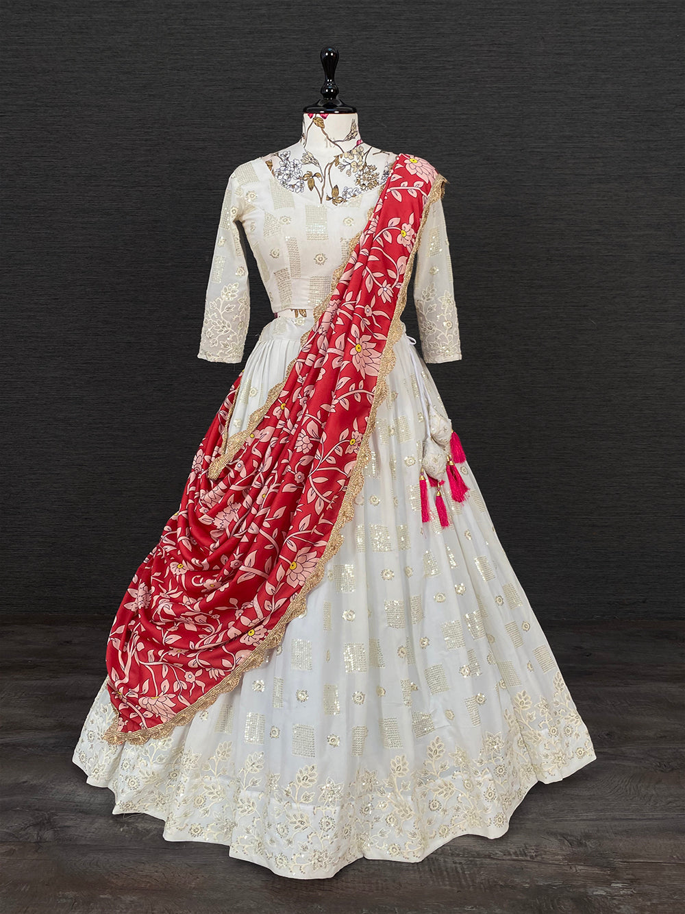 White Color Sequins And Thread Embroidery Work Georgette Lehenga Choli With Muslin Silk Dupatta Clothsvilla