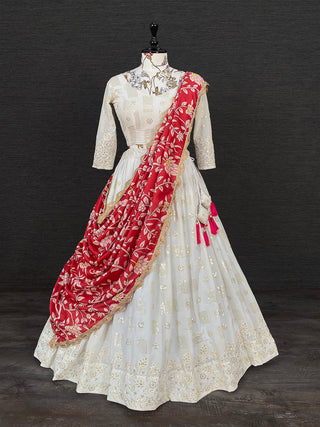 White Color Sequins And Thread Embroidery Work Georgette Lehenga Choli With Muslin Silk Dupatta Clothsvilla