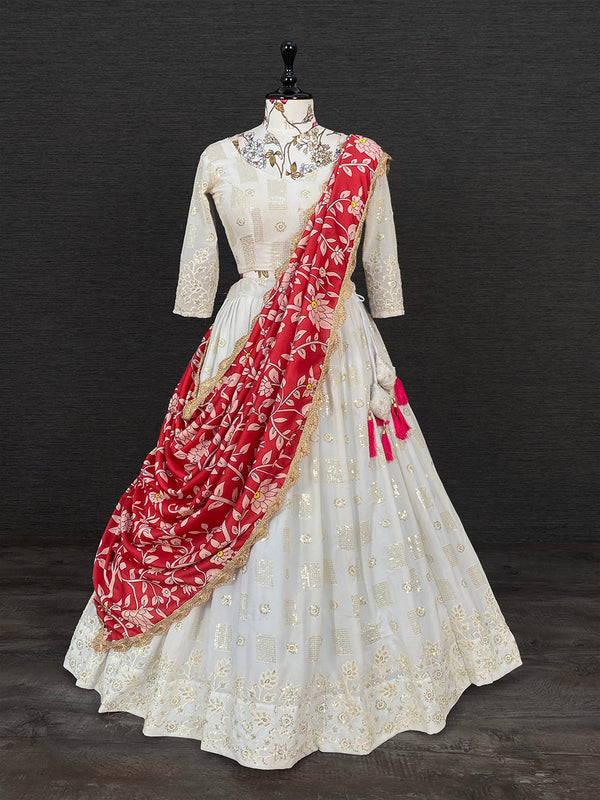 White Color Sequins And Thread Embroidery Work Georgette Lehenga Choli With Muslin Silk Dupatta Clothsvilla