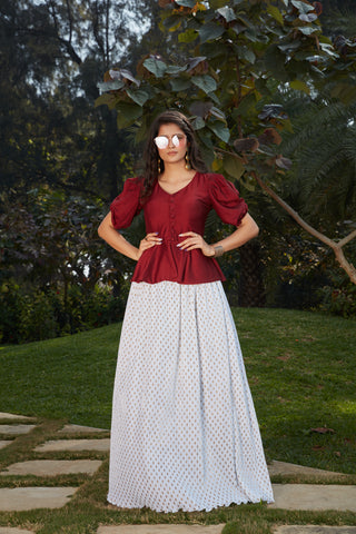 White-Maroon Imported Indo Western Ready To Wear Skirt With Crop Top ClothsVilla