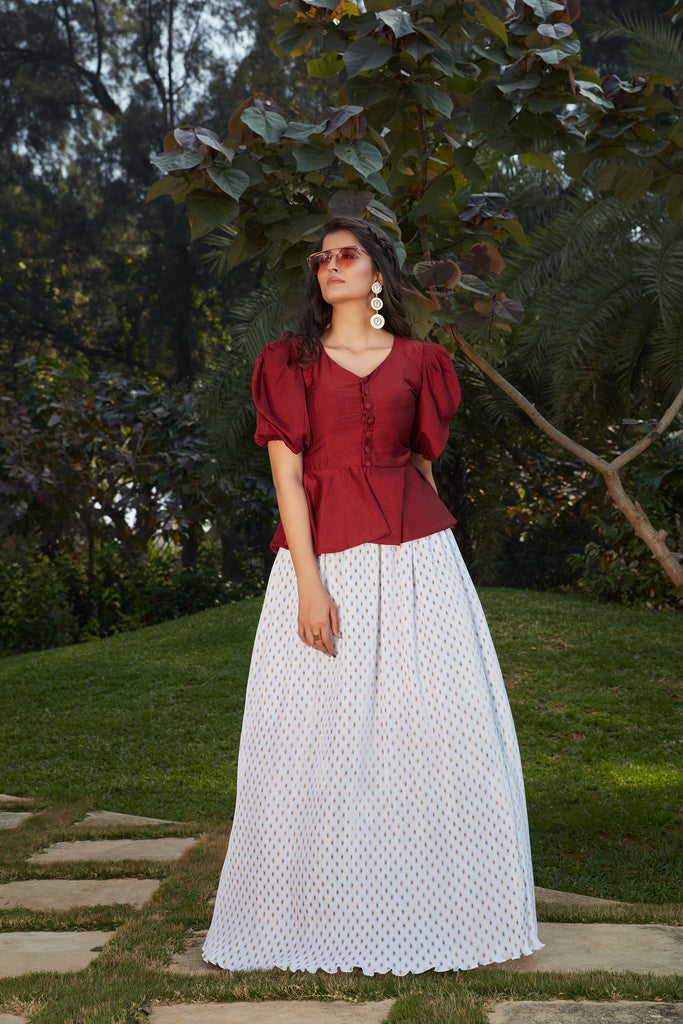 White-Maroon Imported Indo Western Ready To Wear Skirt With Crop Top ClothsVilla