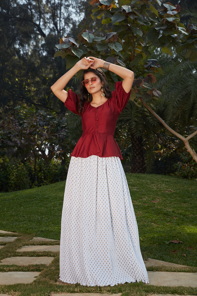 White-Maroon Imported Indo Western Ready To Wear Skirt With Crop Top ClothsVilla