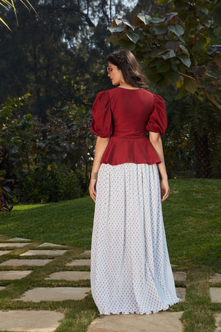 White-Maroon Imported Indo Western Ready To Wear Skirt With Crop Top ClothsVilla