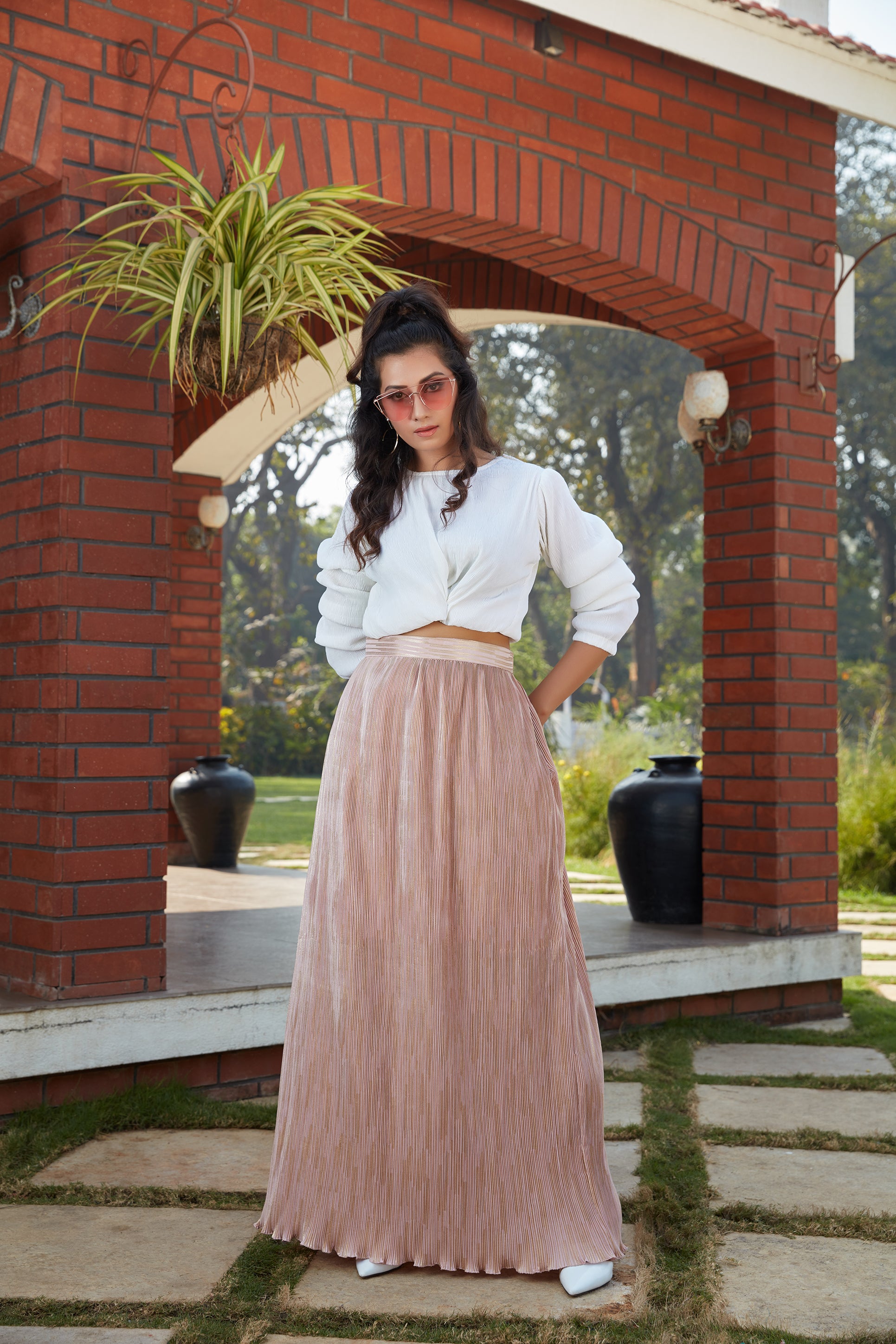 White-Peach Imported Indo Western Ready To Wear Skirt With Crop Top ClothsVilla