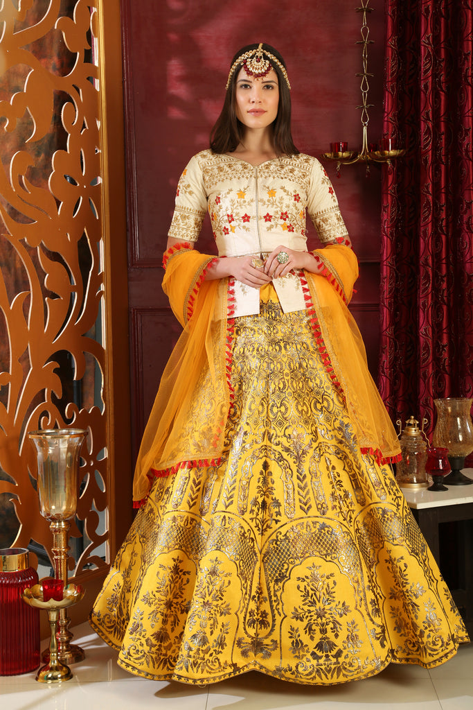 White-Yellow Embroidered Silk Bridal Lehenga Choli