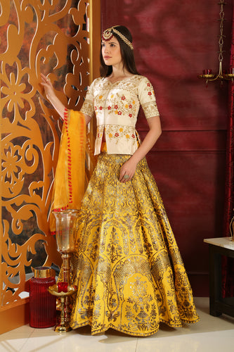 White-Yellow Embroidered Silk Bridal Lehenga Choli ClothsVilla