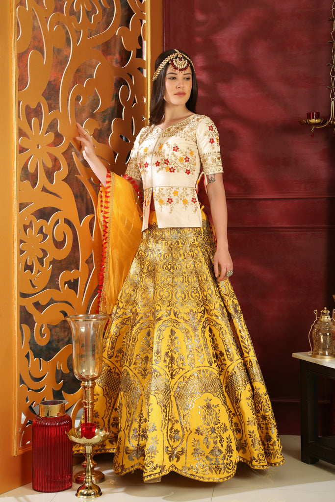 White-Yellow Embroidered Silk Bridal Lehenga Choli ClothsVilla