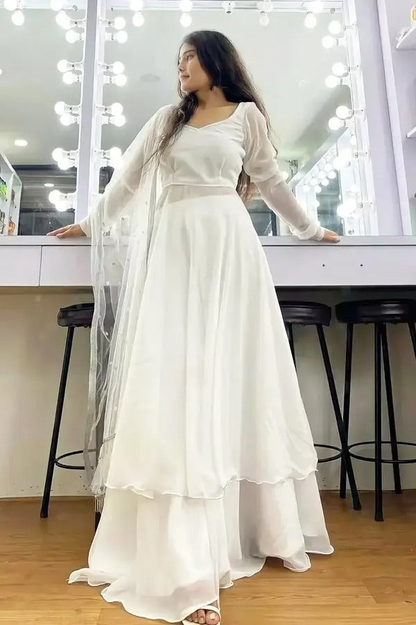 Buy Womens White Anarkali Style Long Gown Kurta Set with Dupatta White  M at Amazonin