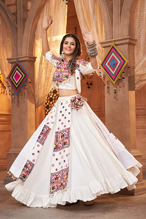 White Beautiful Embroidered Designer Koti Style Chaniya Choli for Navratri ClothsVilla.com