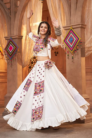 White Beautiful Embroidered Designer Koti Style Chaniya Choli for Navratri ClothsVilla.com