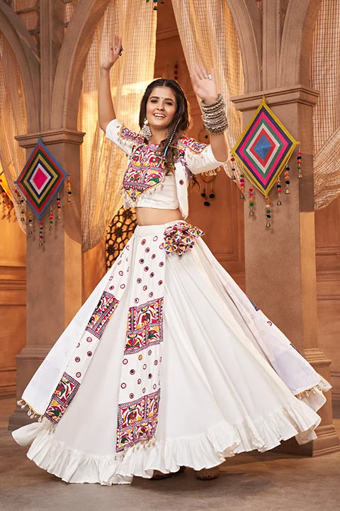 White Beautiful Embroidered Designer Koti Style Chaniya Choli for Navratri ClothsVilla.com Main image