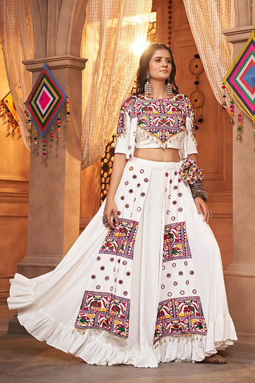White Beautiful Embroidered Designer Koti Style Chaniya Choli for Navratri ClothsVilla.com