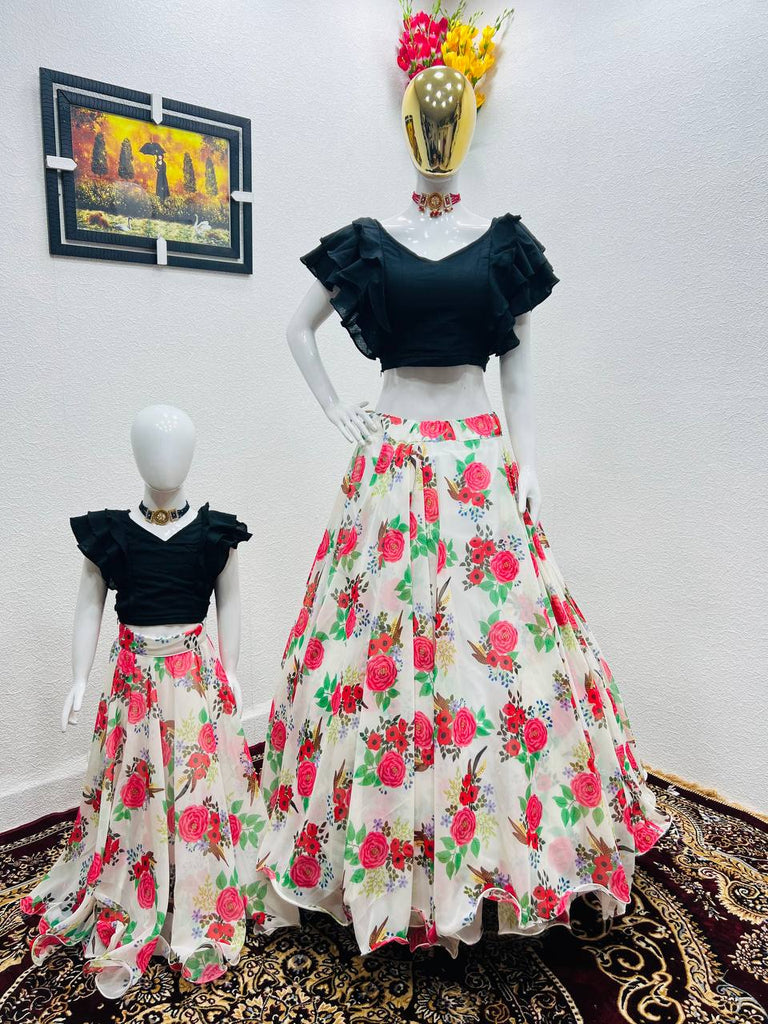 White Color Floral Printed Lehenga with Black Top Mother Daughter Combo Clothsvilla