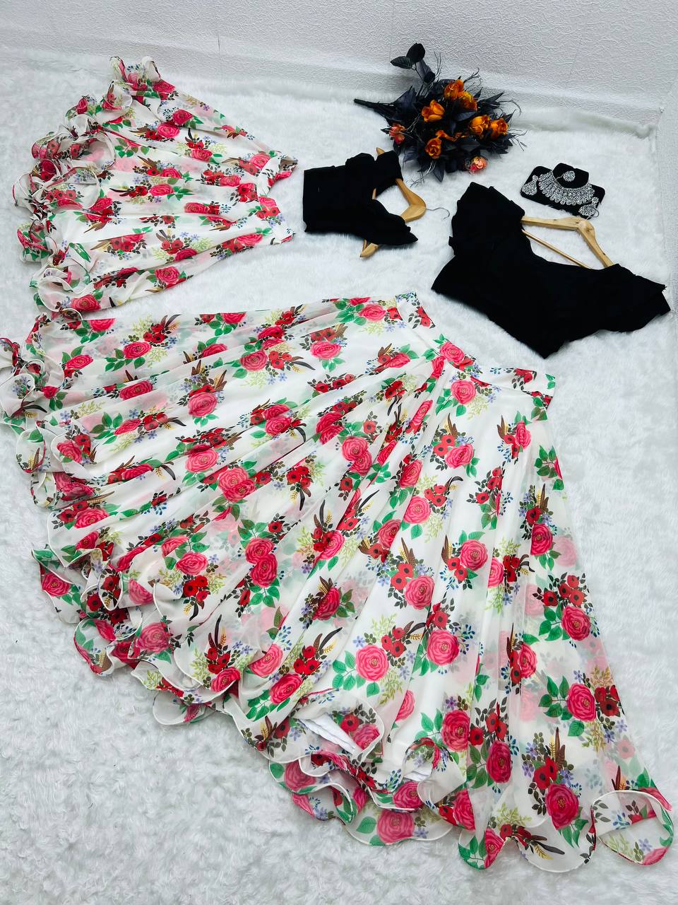 White Color Floral Printed Lehenga with Black Top Mother Daughter Combo Clothsvilla