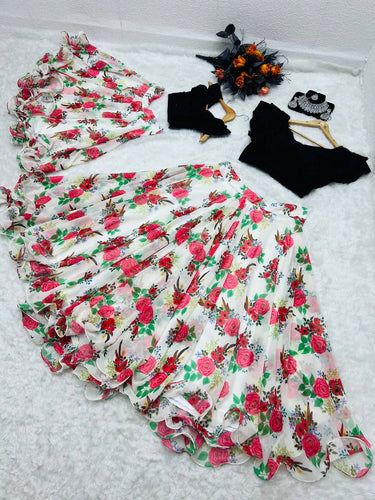 White Color Floral Printed Lehenga with Black Top Mother Daughter Combo Clothsvilla