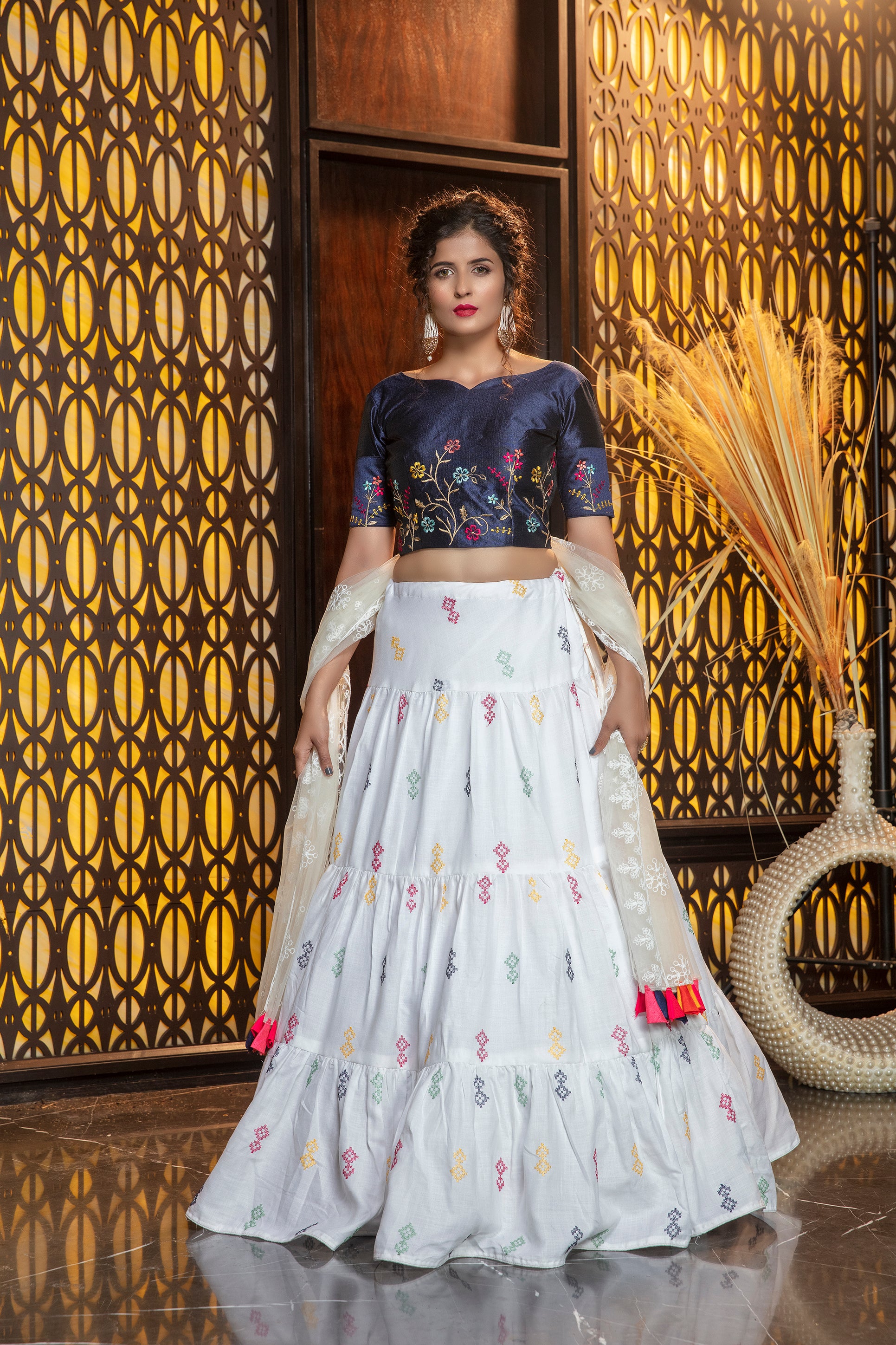 White Embroidered Cotton Semi Stitched Bridal Lehenga ClothsVilla Main image