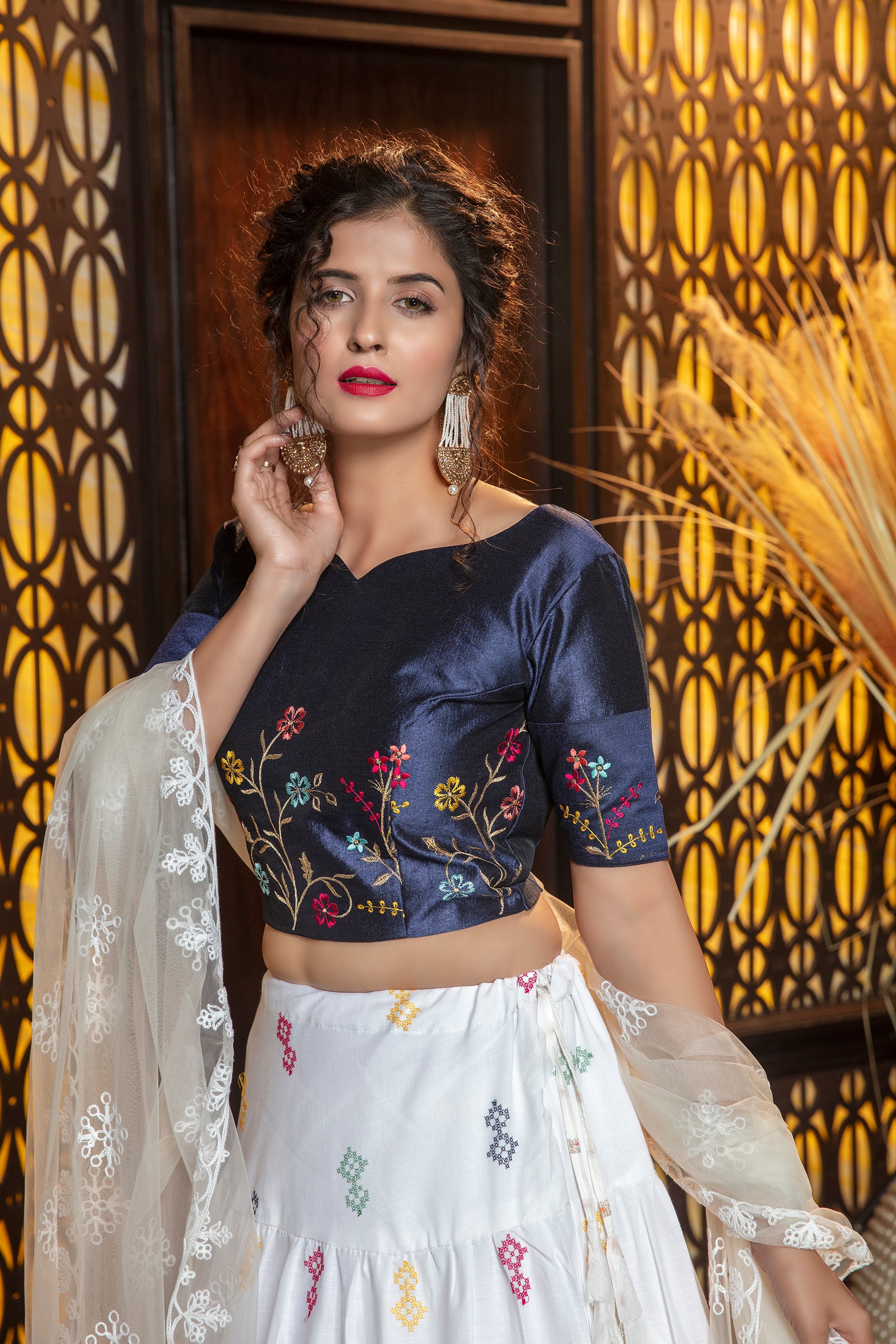 White Embroidered Cotton Semi Stitched Bridal Lehenga ClothsVilla
