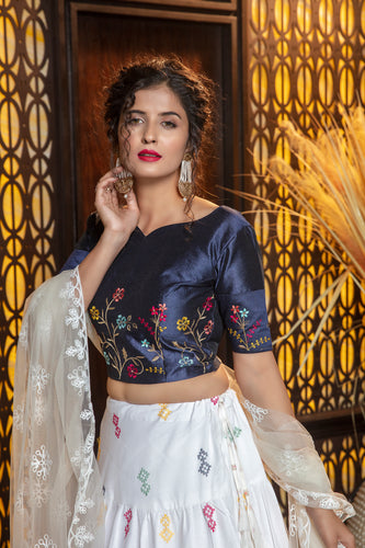 White Embroidered Cotton Semi Stitched Bridal Lehenga ClothsVilla