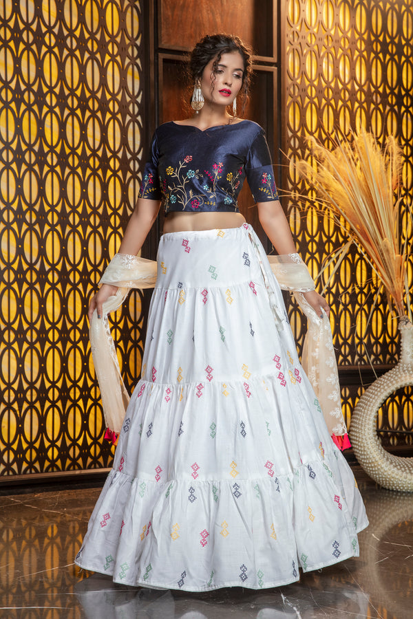 White Embroidered Cotton Semi Stitched Bridal Lehenga ClothsVilla