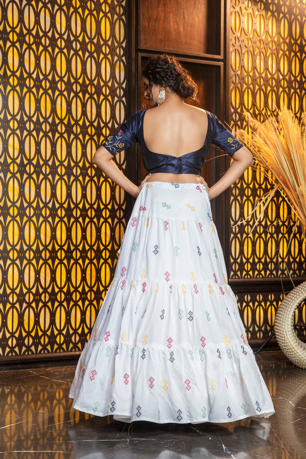 White Embroidered Cotton Semi Stitched Bridal Lehenga ClothsVilla