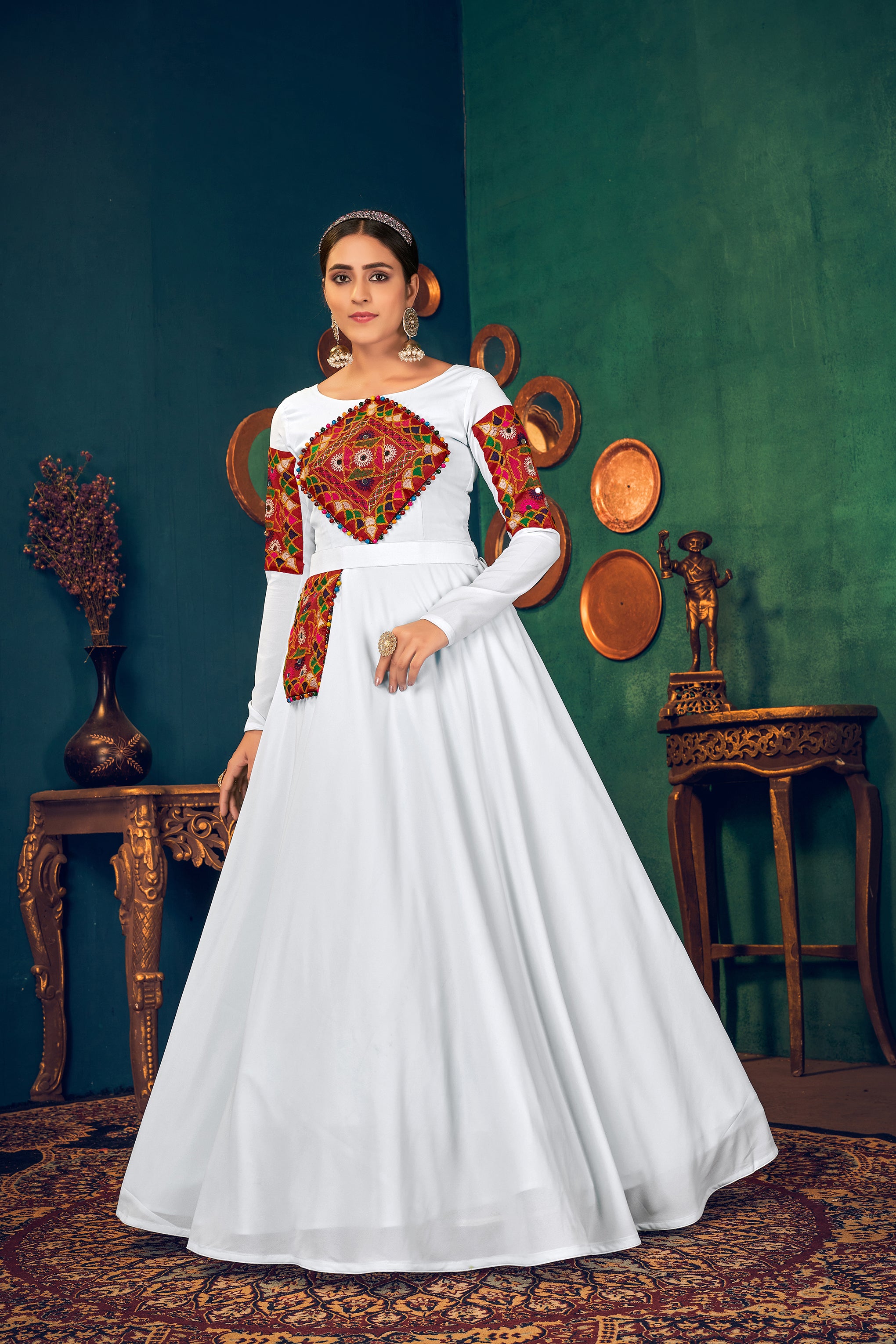 White Embroidered Georgette Evening Long Gown Semi Stitched ClothsVilla Main image