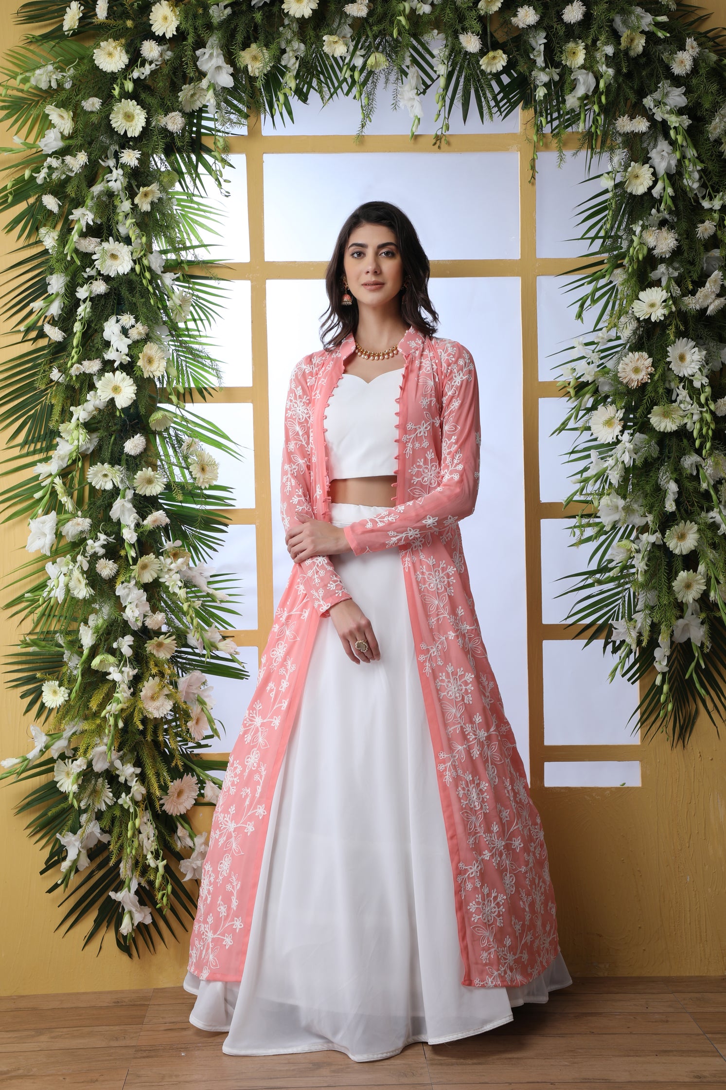 Pink Embroidered Georgette Semi Stitched Lehenga ClothsVilla