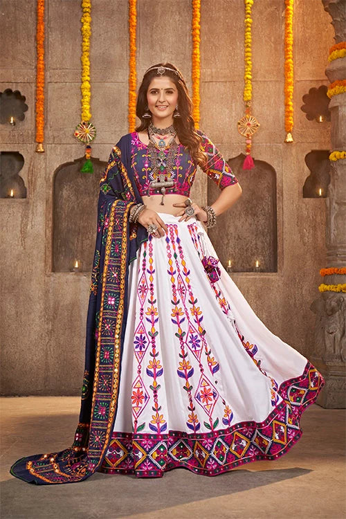 White Exclusive Embroidered with Mirror Work Navratri Chaniya Choli ClothsVilla.com