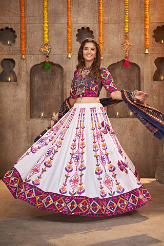 White Exclusive Embroidered with Mirror Work Navratri Chaniya Choli ClothsVilla.com