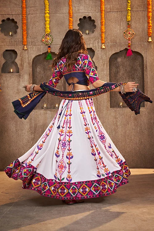 White Exclusive Embroidered with Mirror Work Navratri Chaniya Choli ClothsVilla.com