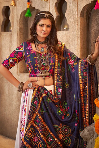White Exclusive Embroidered with Mirror Work Navratri Chaniya Choli ClothsVilla.com