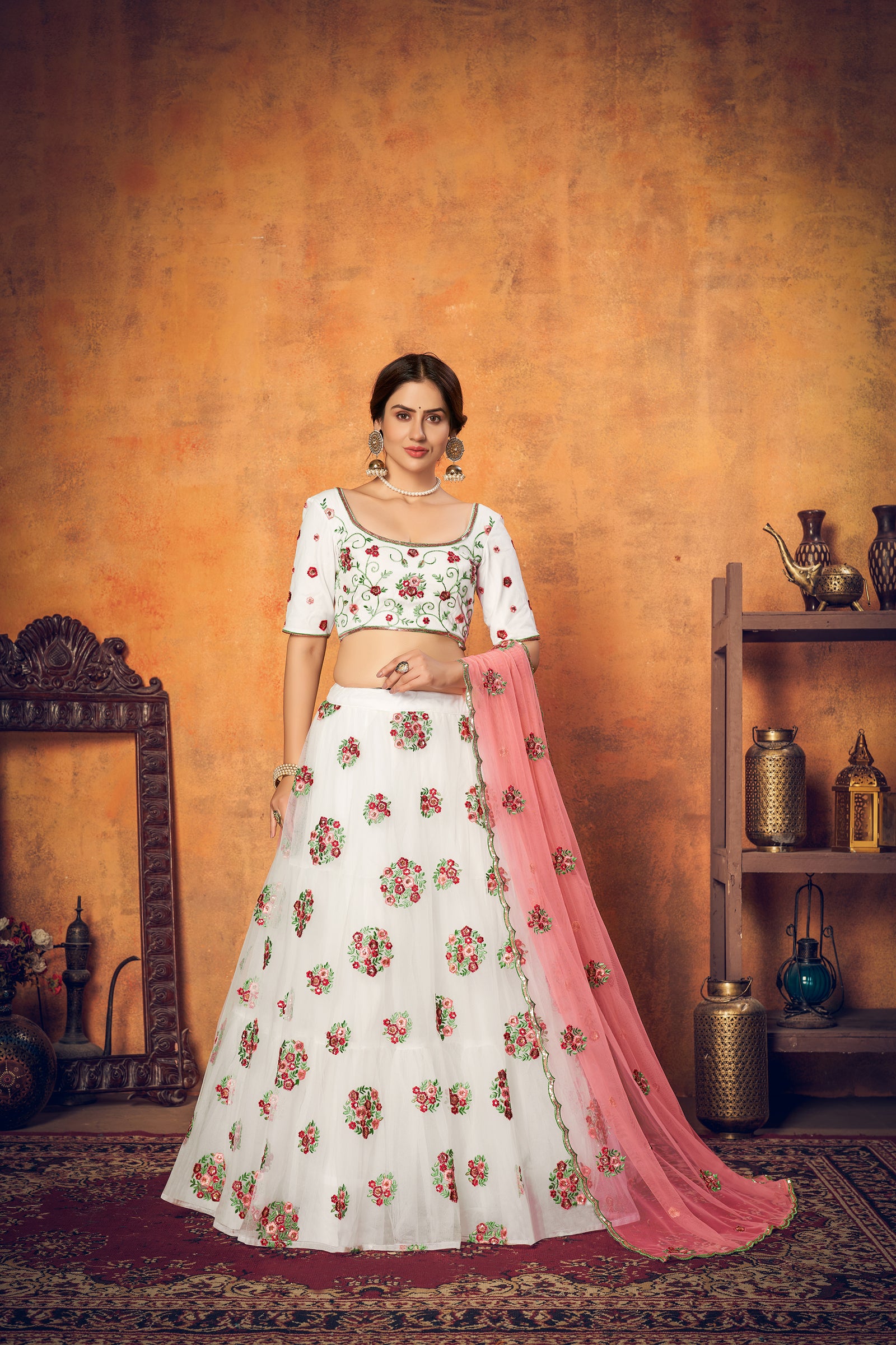 White Festive Wear Thread With Floral Sequence Embroidered Net Lehenga Choli ClothsVilla