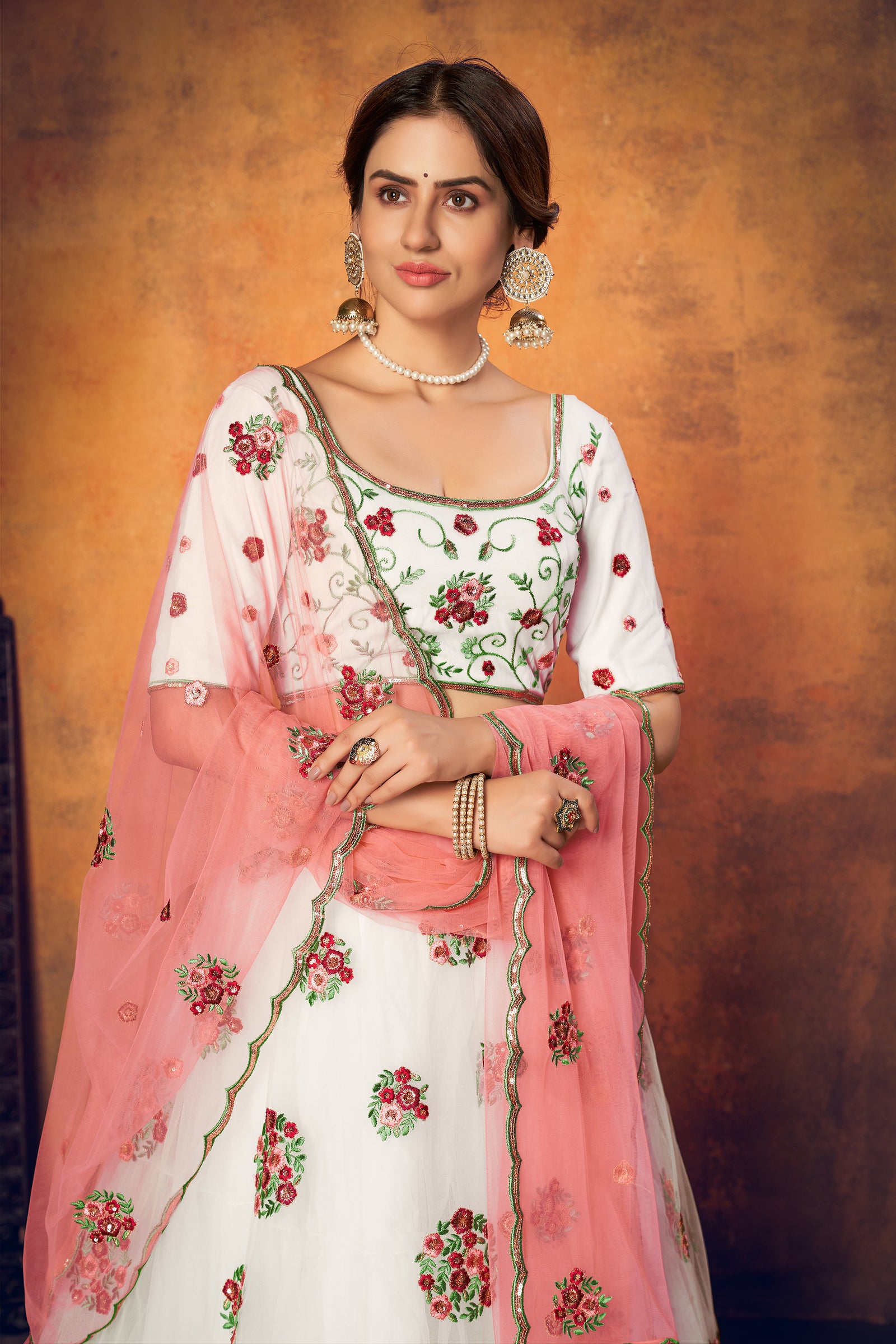 White Festive Wear Thread With Floral Sequence Embroidered Net Lehenga Choli ClothsVilla