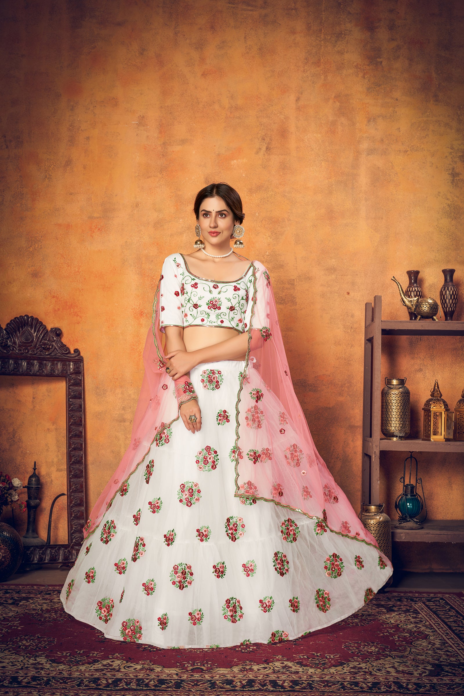 White Festive Wear Thread With Floral Sequence Embroidered Net Lehenga Choli ClothsVilla