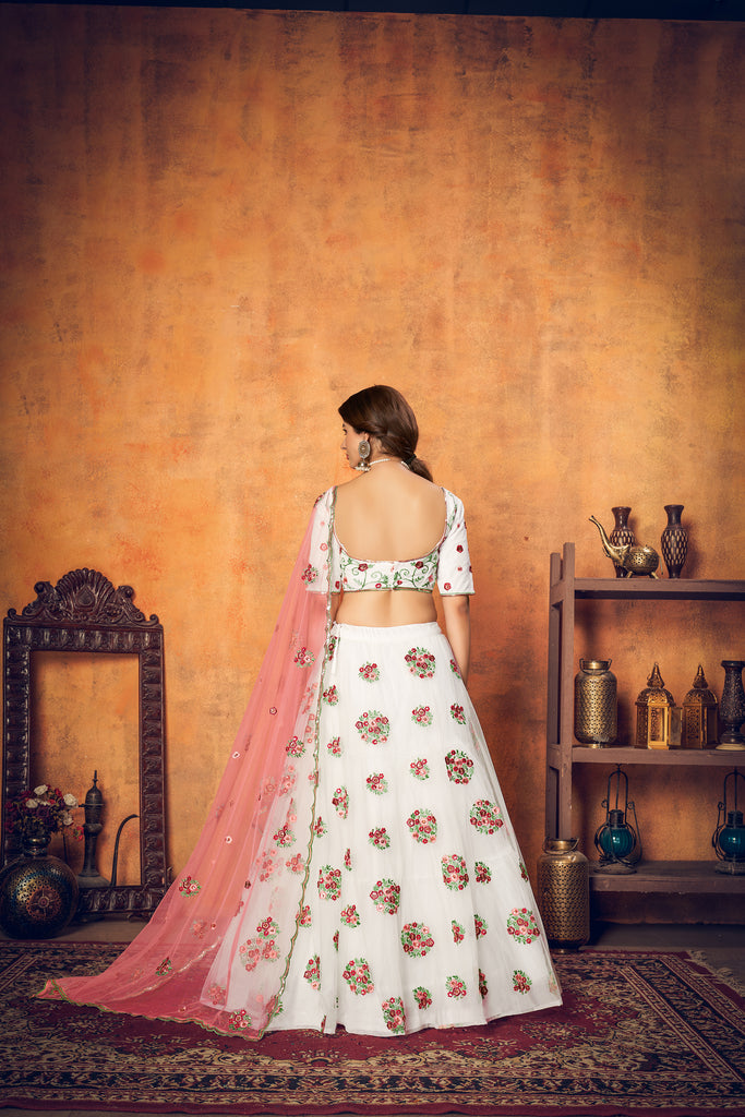White Festive Wear Thread With Floral Sequence Embroidered Net Lehenga Choli ClothsVilla