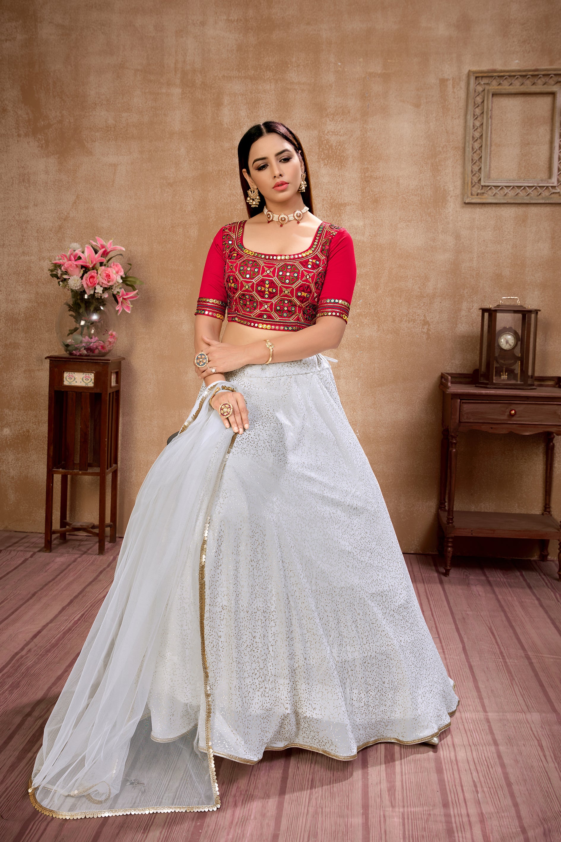 White Foil Print Georgette Wedding Wear Lehenga Choli ClothsVilla
