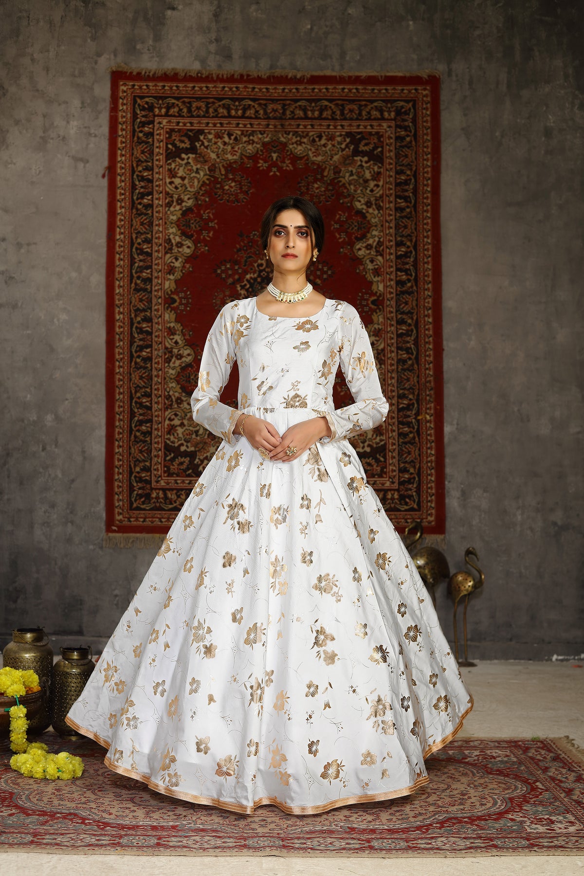 White Foilage Print Taffeta Silk Party Wear Gown Semi Stitched ClothsVilla Main image