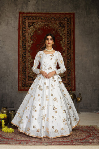 White Foilage Print Taffeta Silk Party Wear Gown Semi Stitched ClothsVilla