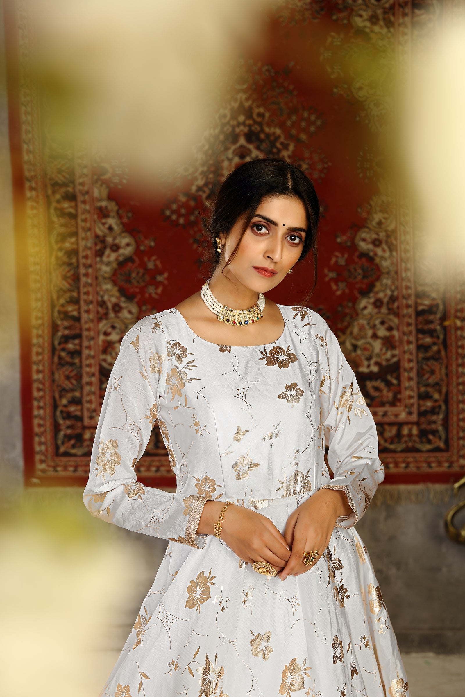 White Foilage Print Taffeta Silk Party Wear Gown Semi Stitched ClothsVilla