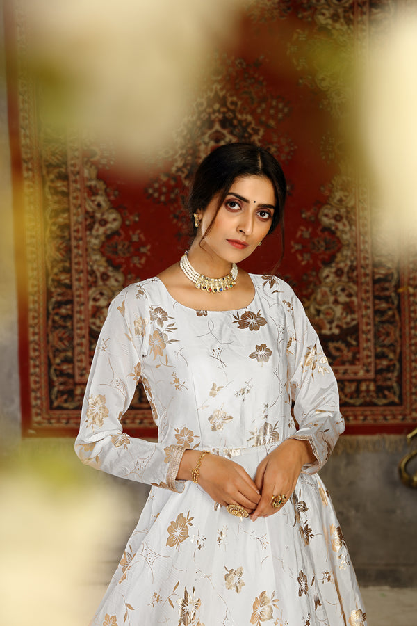 White Foilage Print Taffeta Silk Party Wear Gown Semi Stitched ClothsVilla
