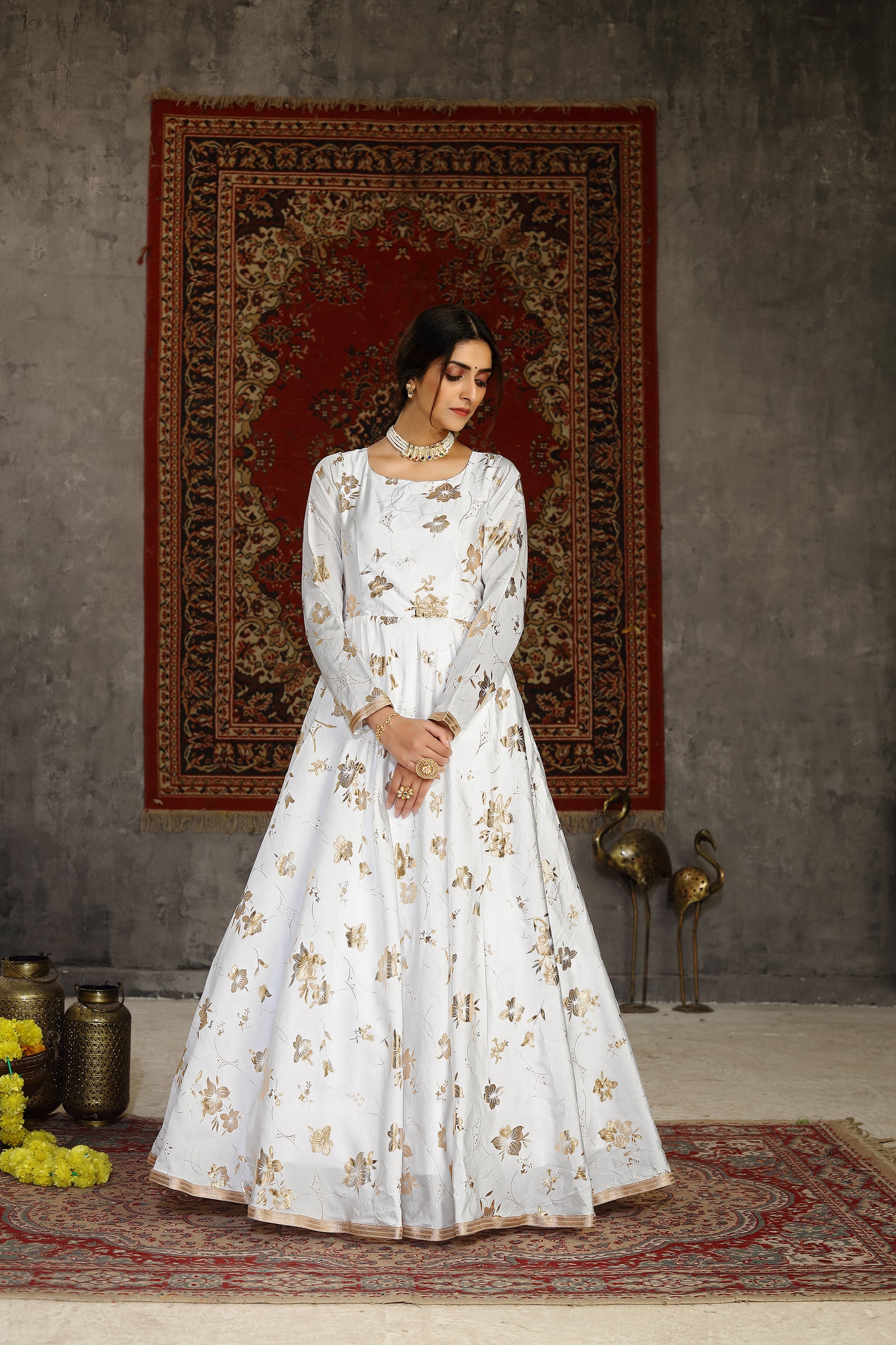 White Foilage Print Taffeta Silk Party Wear Gown Semi Stitched ClothsVilla