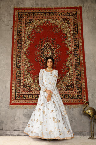 White Foilage Print Taffeta Silk Party Wear Gown Semi Stitched ClothsVilla