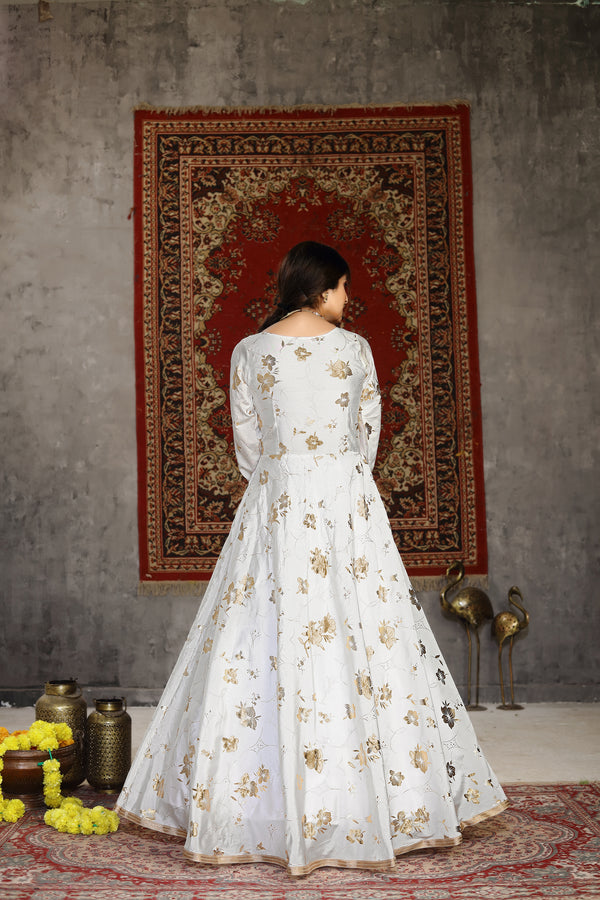 White Foilage Print Taffeta Silk Party Wear Gown Semi Stitched ClothsVilla