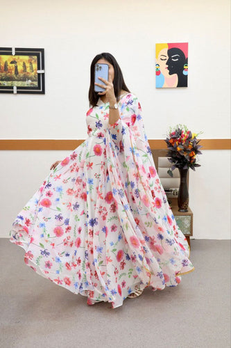 White Anarkali Gown in Faux Georgette with Digital Floral Print ClothsVilla