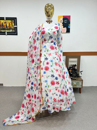 White Anarkali Gown in Faux Georgette with Digital Floral Print ClothsVilla