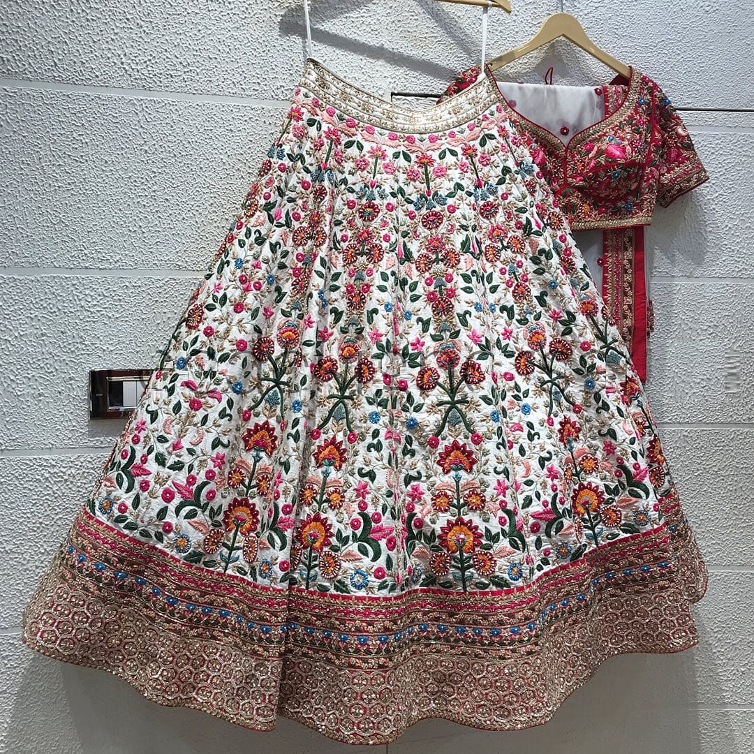 White Italian Silk Heavy Designer Lehenga Choli with Heavy Embroidery Work ClothsVilla
