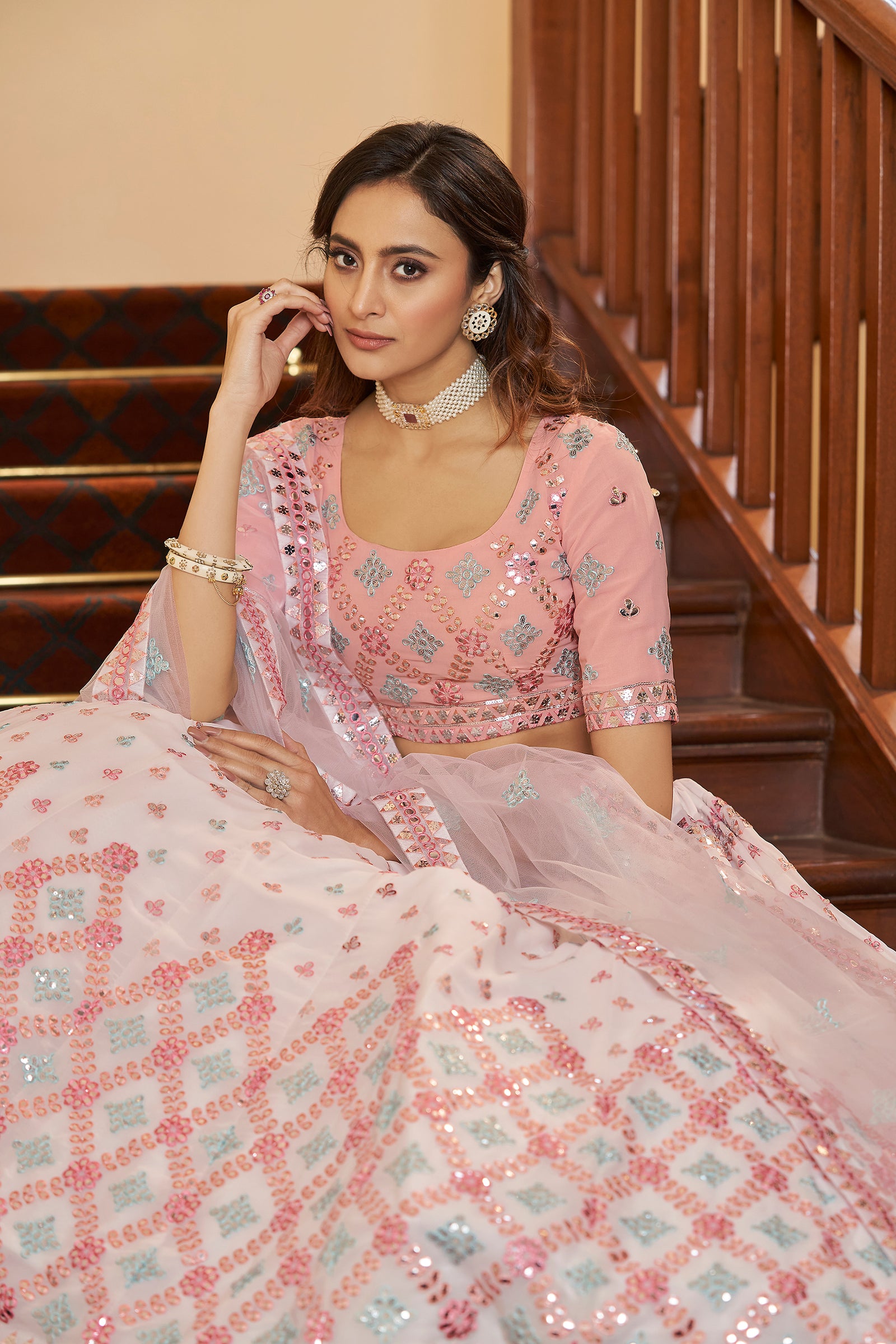 White Lehenga Choli For Bridesmaid Ready Made Lehenga For Women Mutli Color Thread Embroidery Lehnga Choli Bollywood Style Ghagra Choli ClothsVilla