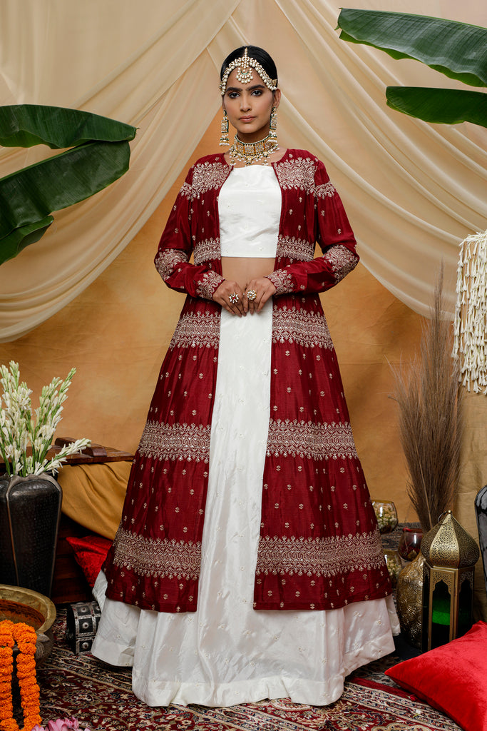 White Lehenga Choli With Designer Koti And Thread With Sequence Embroidered Work Bridesmaid, Wedding, Party, Bollywood Designer Lehenga ClothsVilla
