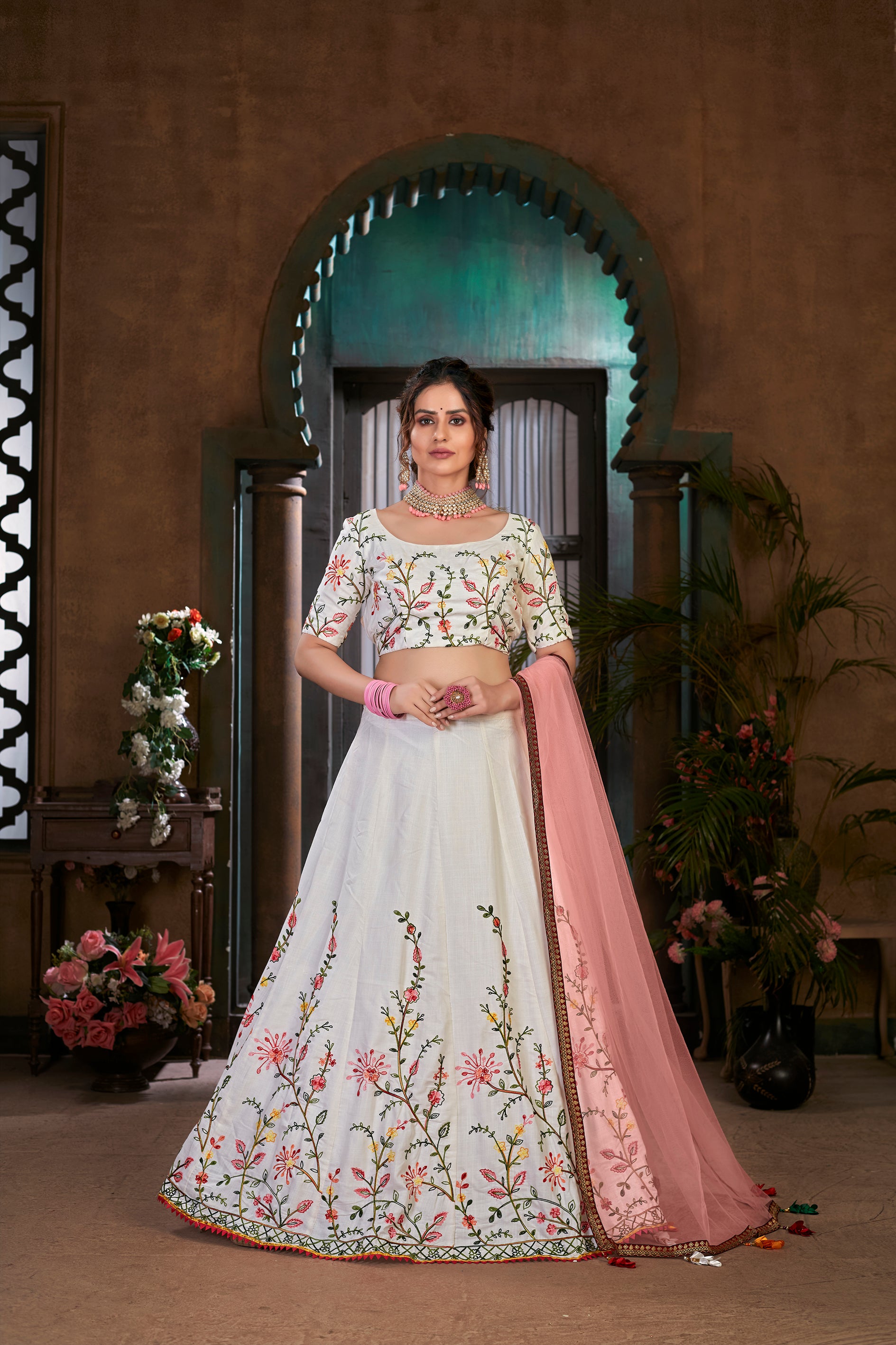 White Multi Thread Embroidered Cotton Wedding Wear Lehenga Choli ClothsVilla